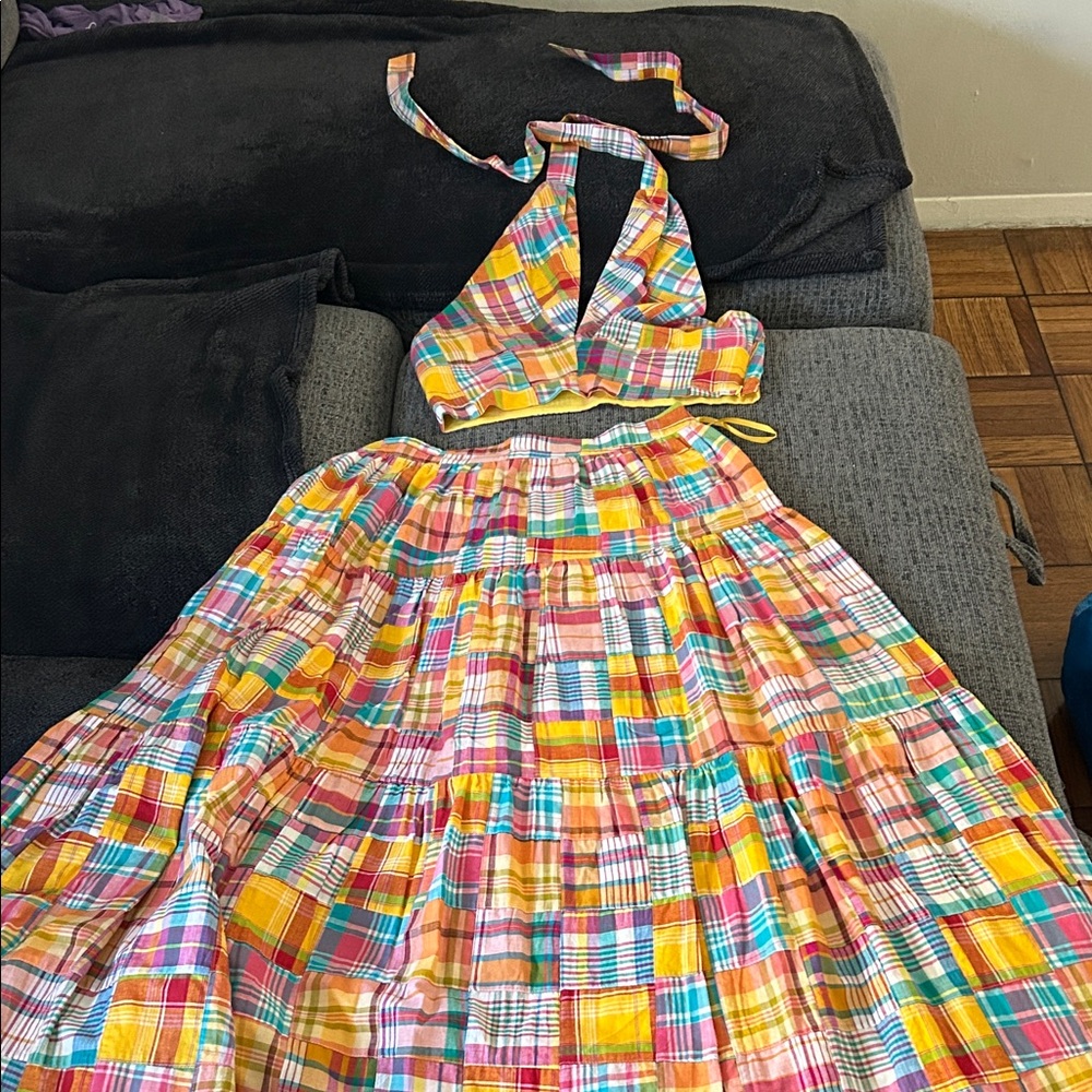 STAUD Multicolor Plaid Halter Top and Skirt